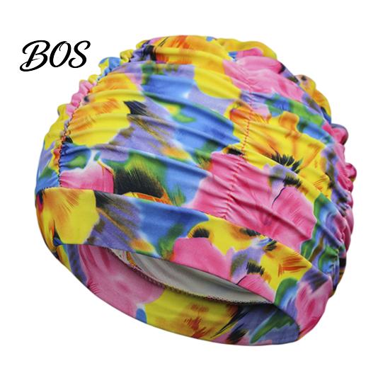 Soft Swim Cap Cloth Swimming Pool for Women, Breathable Colorful Ruffle Loose Fit Cap, Elastic Ear Protection Short Long Hair Bathing Hat