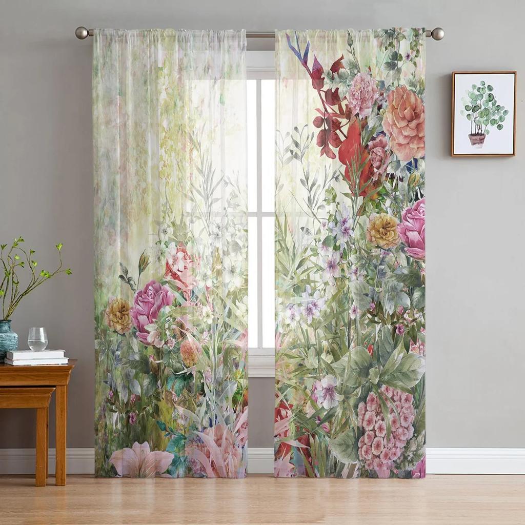 Rose Flower Abstract Tulle Curtains For Living Room Chiffon Voile Sheer Window Curtain For Bedroom