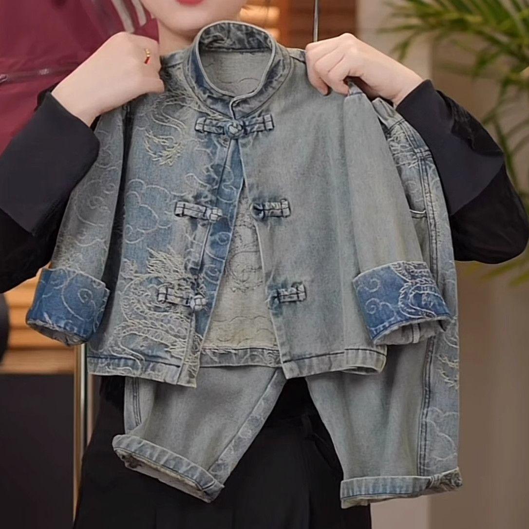 

Детский джинсовый комплект в китайском стиле Весенне-осенний комплект с узором китайского дракона Ретро комплект из двух предметов с длинным рукавом и застежками-лягушками Трендовый 140