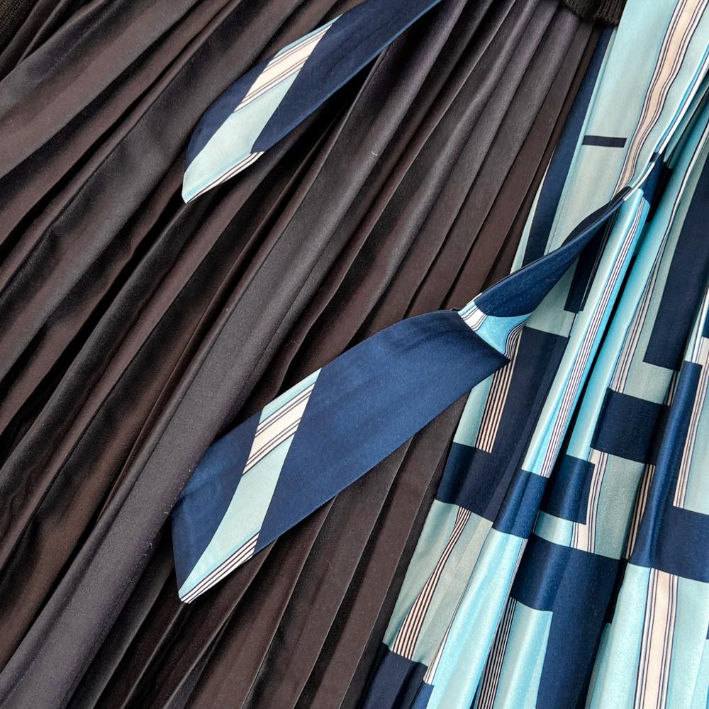 Vintage Elegant  O Neck Print  Pleated Long Sleeve Knit Dress A-line Casual Women Fashion High Waist Summer Spring