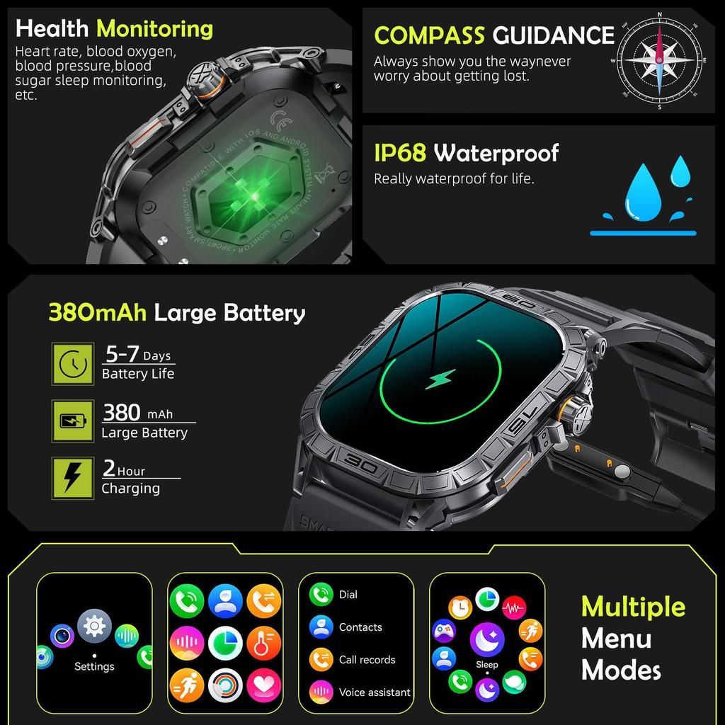 K63 Smartwatch: Outdoor Sports, Bluetooth Calling, Pedometer, Heart Rate & Sleep Monitoring, Blood Pressure.