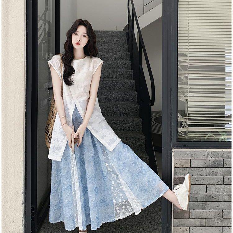 Elegant Lace Splicing Sleeveless Top and Skirt Set for Women - Summer 2026 Collection