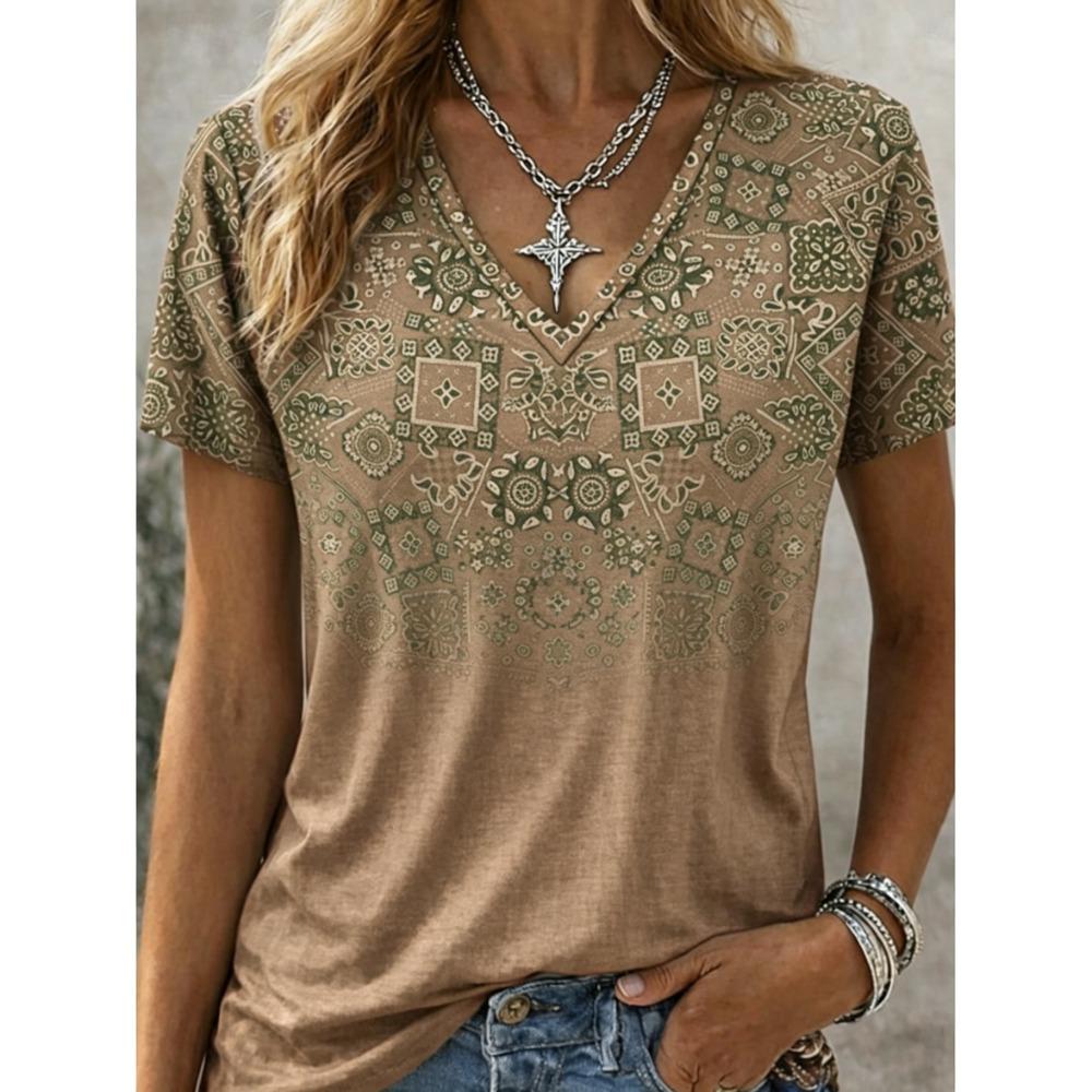 Damen Boho Bandana-Print V-Ausschnitt T-Shirt, Lässige Kurzarm-Tops, Ethnischer Stil Tägliche Kleidung für Frühling & Sommer