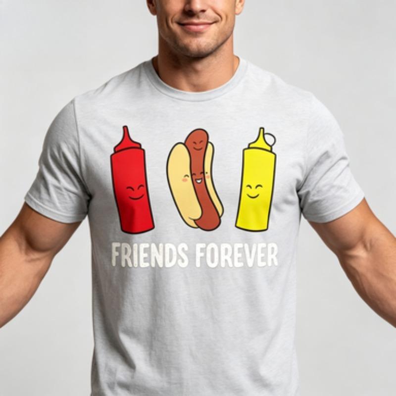 Unisex 100 Cotton O Neck T Shirt Cute Cartoon Hot Dog Ketchup Mustard Bottles Friends Forever Text Fast Food Tee Tops