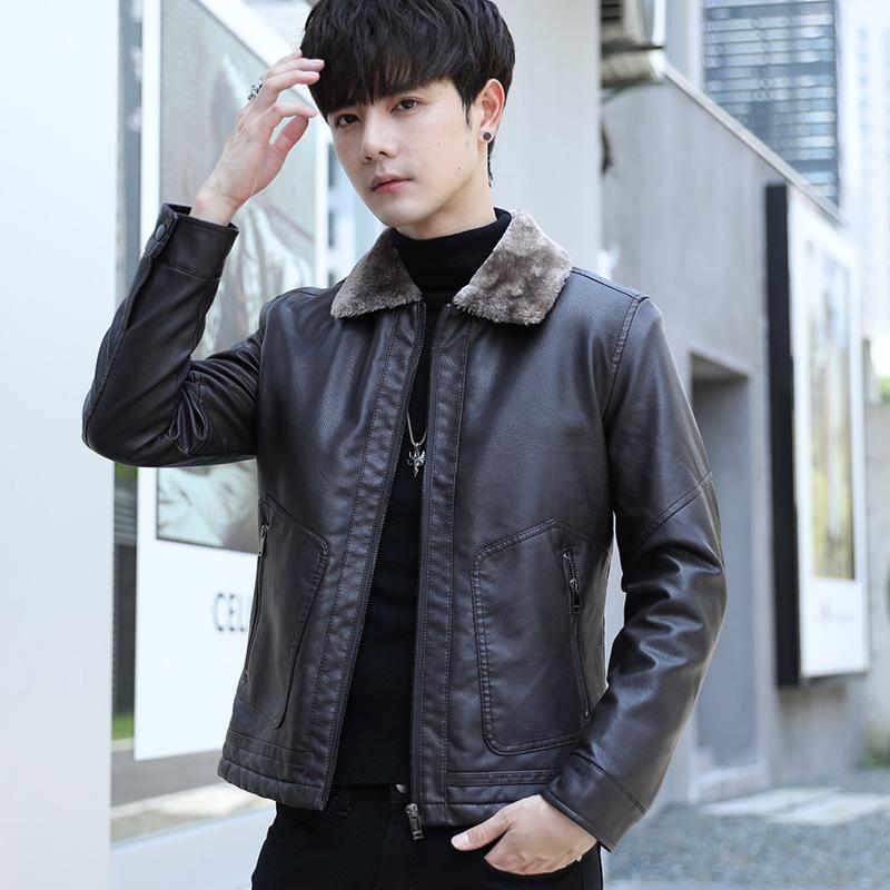 Frühling Neue Herren Lederjacke Plus Samt Verdickung Koreanischer Stil Slim und Hübsch Grüne Lederjacke PU Pelzkragenjacke