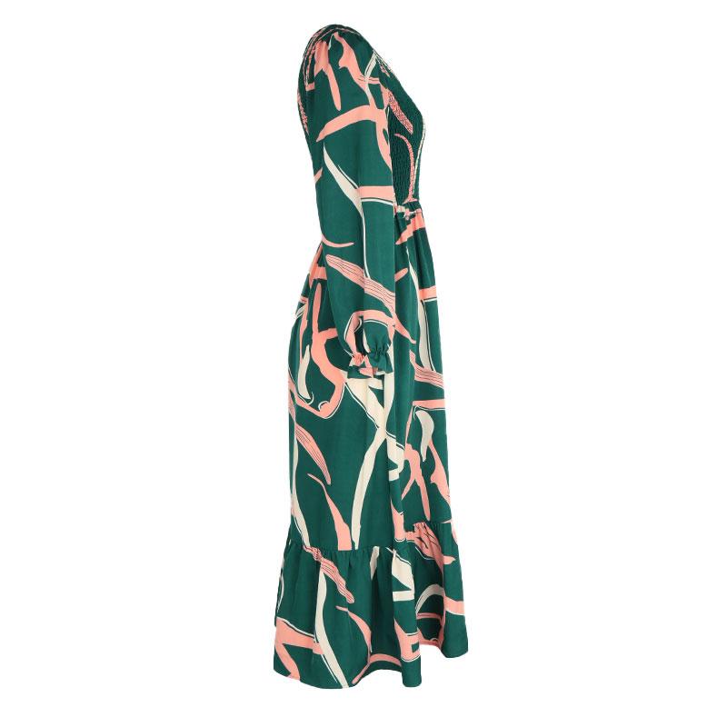 Otoño Invierno mujer manga larga estampado elegante cuello en V gasa A-Line hasta la rodilla vestido de cintura alta