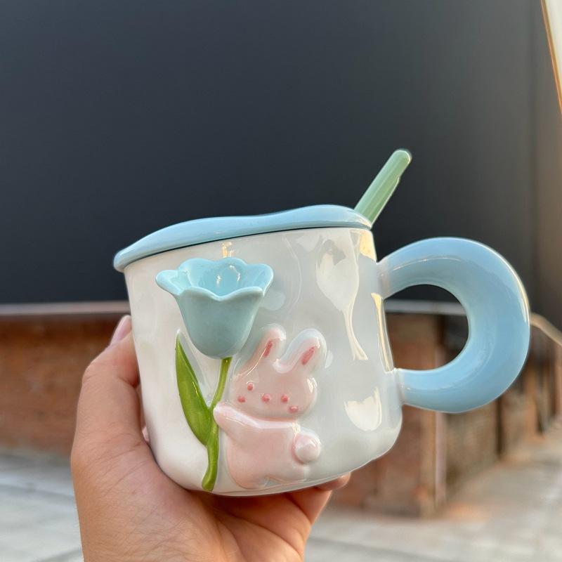 Cute Rabbit Ceramic Cup Tulip Cup Large Capacity Water Cup for Girls Household Gift with Cover Spoon Ceramic Cup