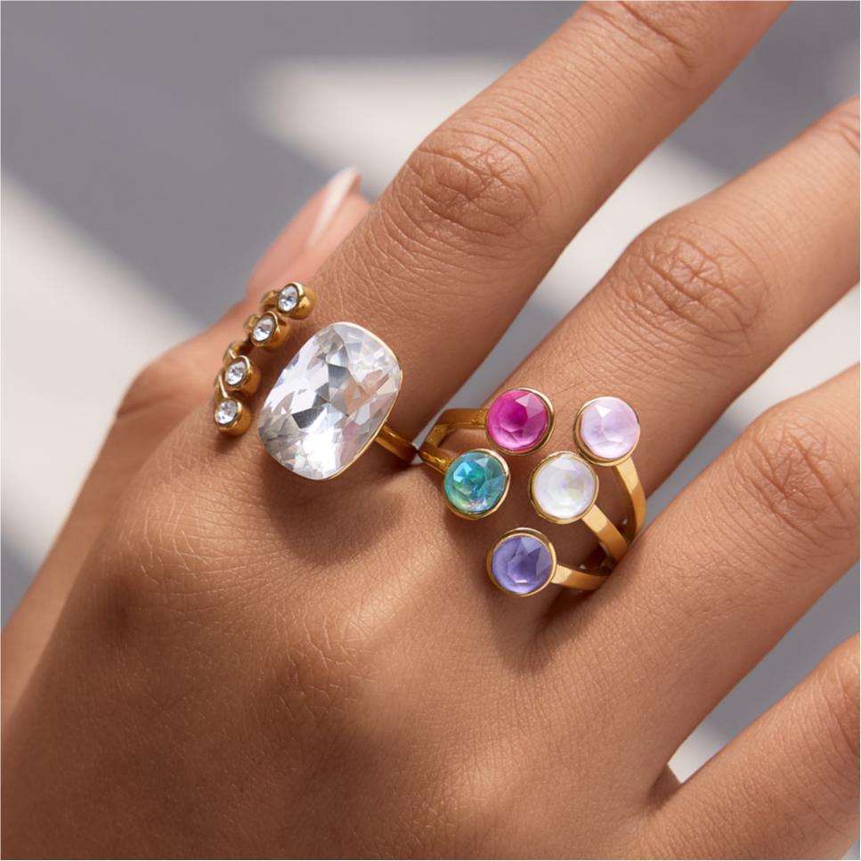 Wanxing 18K Gold Plated Stainless Steel Colorful Rhinestone Multi-layer Open Round Ring - Women's Classic Style