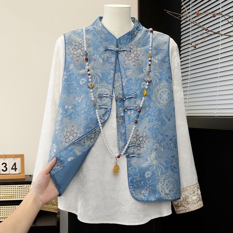 

Women s Blue Brocade Jacquard Vest - New 2026 Chinese Style with Frog Buttons, Sleeveless Elegance for Spring 3XL (recommended for 120-135 lbs) синій