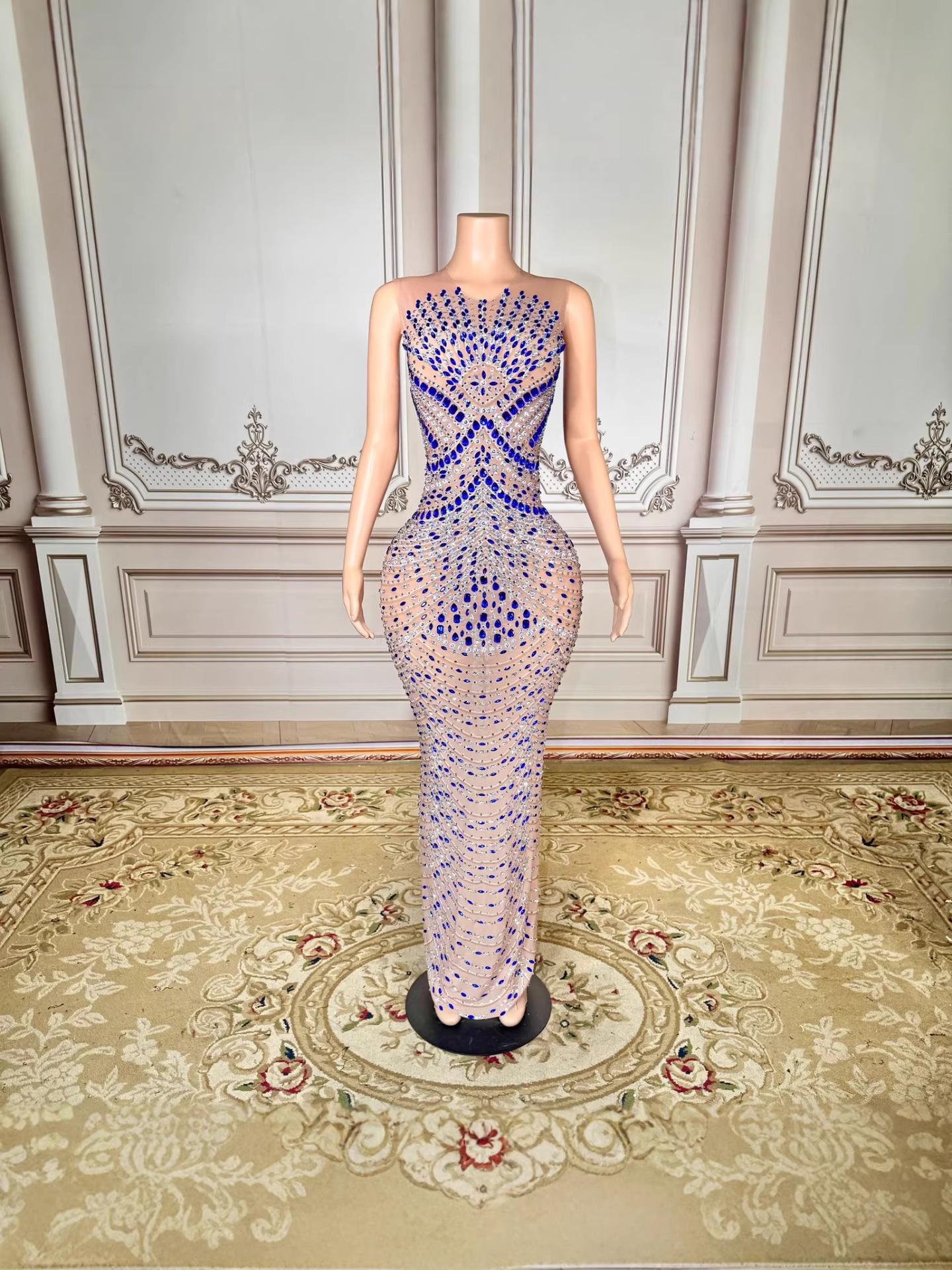 2026 Blue Elegant Rhinestone Bodycon Dress for Adult Model Runway & Formal Events L синий