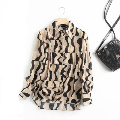 Women Retro Turn Down Collar Breasted Print Blouse Long Sleeve Chic Female Elegant Loose Shirt