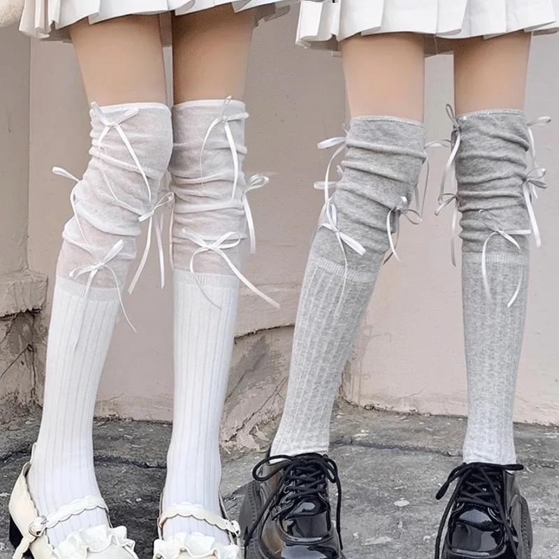 Lolita Long Socks Stockings Women JK Sweet Girls Kawaii Knee High Socks Ballet Style Bandage Bowknot Thigh High Socks Stockings