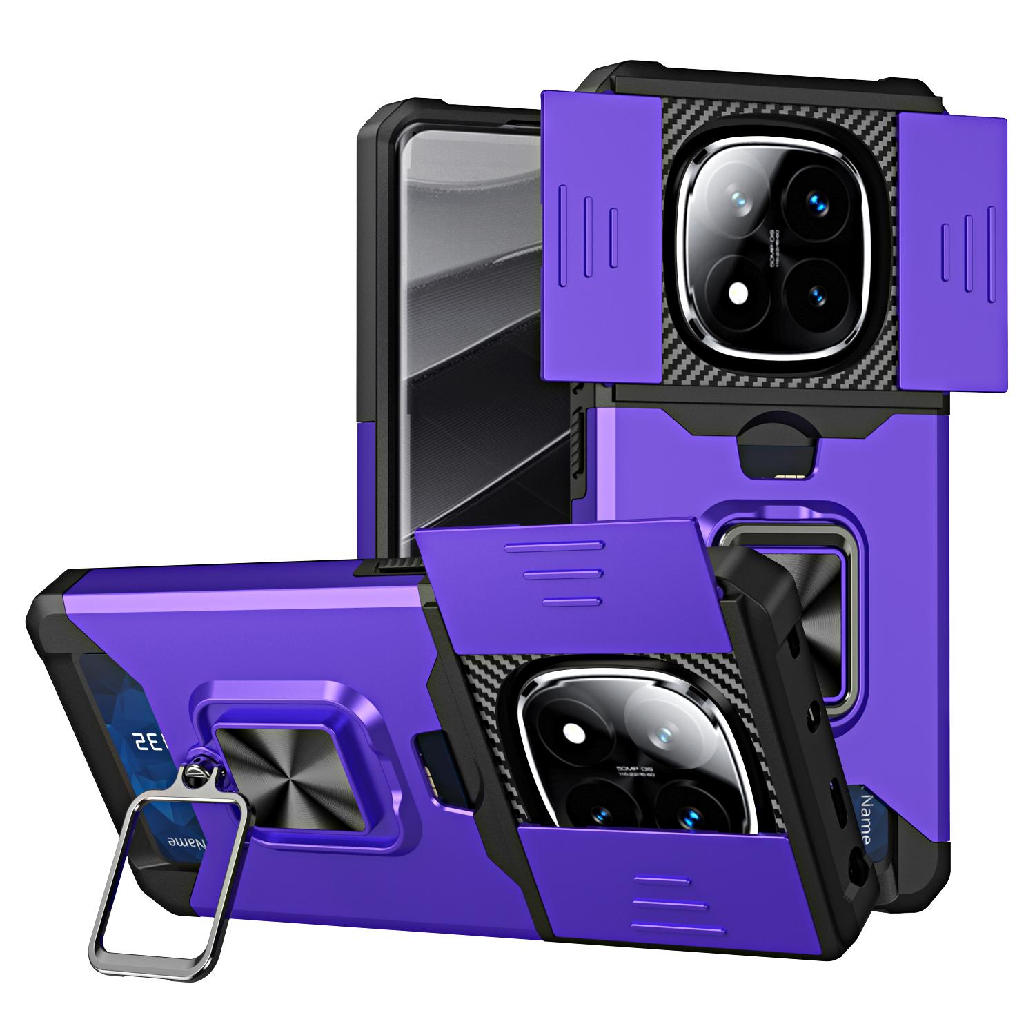 

Чехол для телефона Xiaomi Redmi Note 14 Pro 4G/5G/Note 14 Pro+ 5G с подставкой, сдвижной крышкой для объектива, из ПК+ТПУ, с отделением для карты Purple