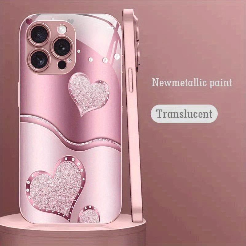 Cute Love Heart Pattern Pink Metallic Paint Glass Hard Phone Case For iPhone 17 Air 17 16 15 14 13 12 11 Pro Max Plus 16E Cover