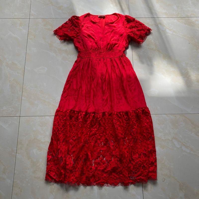 

Lace Stitching Dress Summer New Foreign Trade Women clothes V-neck Pullover Short sleeve Elastic Waist Slimming Long dress 30746 Red C- 4-3-1 M