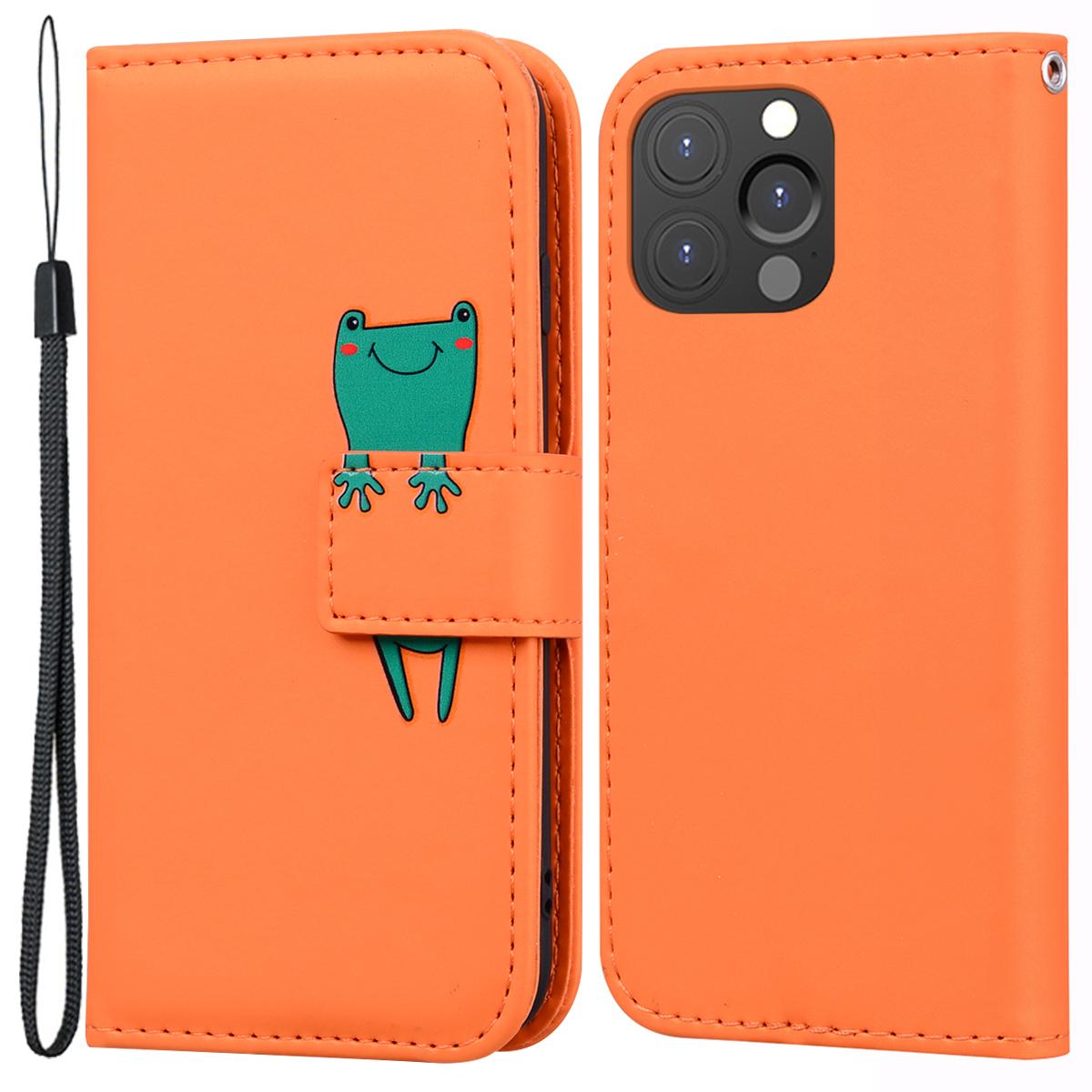 

For iPhone 13 Pro 6.1 inch Cover Cartoon Animal Pattern PU Leather Wallet Cell Phone Case Orange