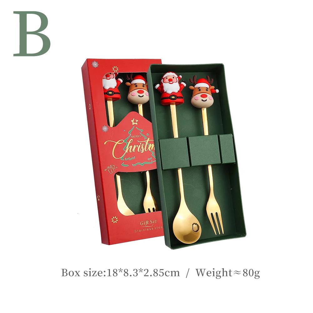 Christmas Table Decor 4-Piece Stainless Steel Cutlery Set with Spoon and Fork, Elk and Xmas Tree Design, Holiday Home Decoration and New Year Navidad