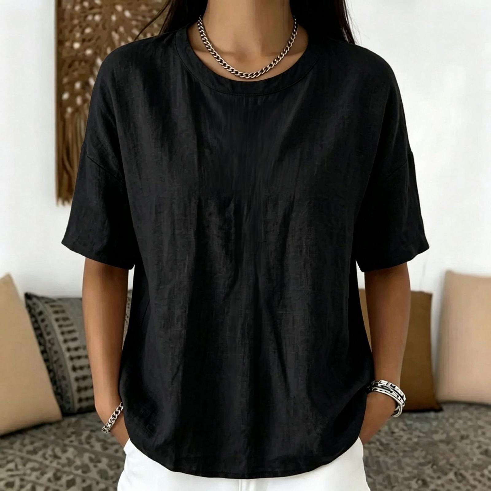 Women s Linen Tie Neck Short Sleeve V Neck Loose Fit Casual Solid Color Top Lightweight Breathable Summer Shirt L чёрный
