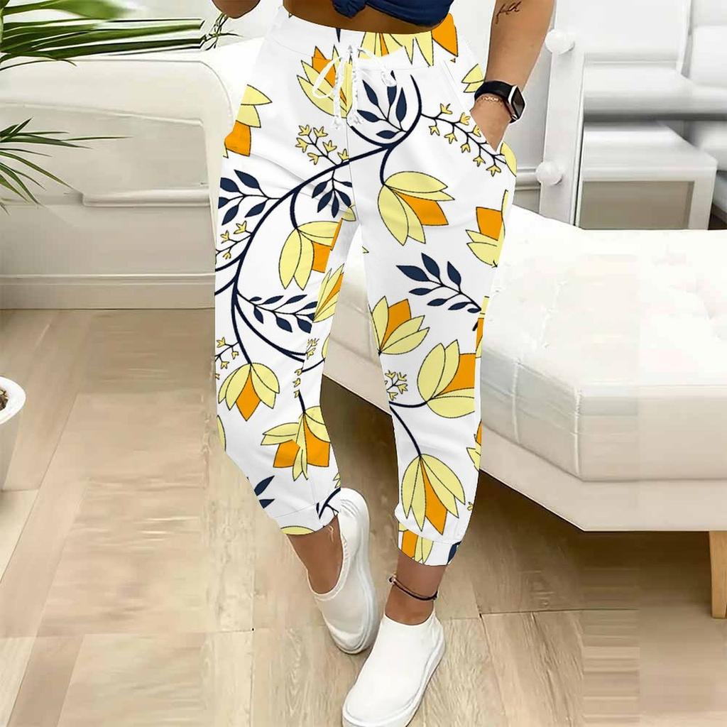 Summer Ladies Splicing Floral Prints Printed Sweatpants Loose Fit Drawstring Joggers Elastic Cuff Daily Casual Pants