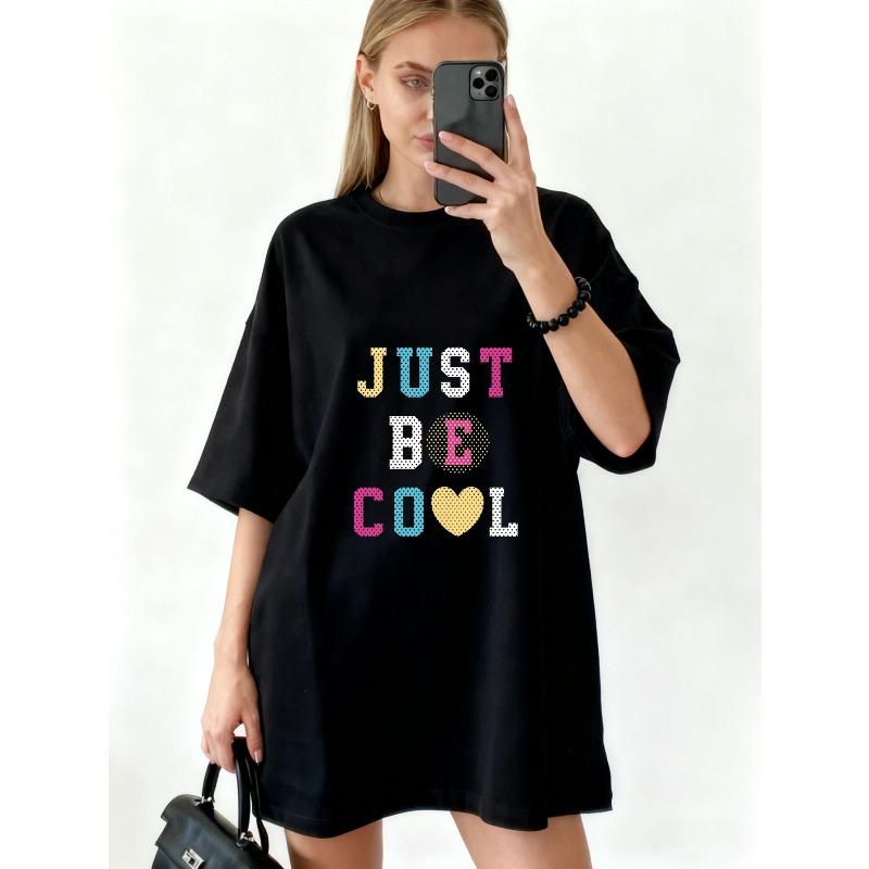 Oversized T-Shirt Dress Black Just Be Cool Colorful Text And Heart Print Casual Streetwear Fashion For Women