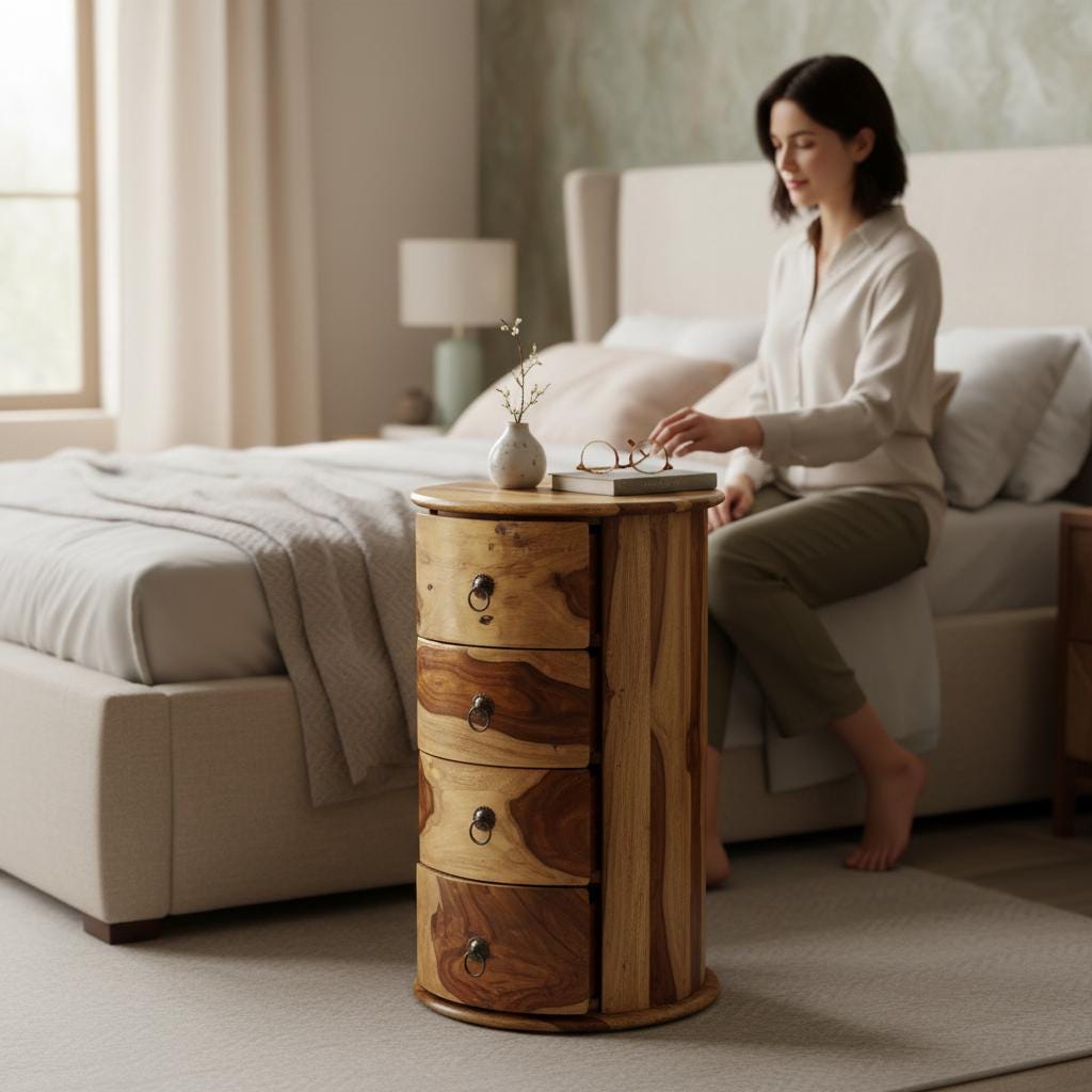 Wooden Round Nightstand | Solid Wood 3-Drawer Side Table, Wooden Chest of Drawer-Storage Desk Solid Wood Cupboard | Unique Drawer Dressers