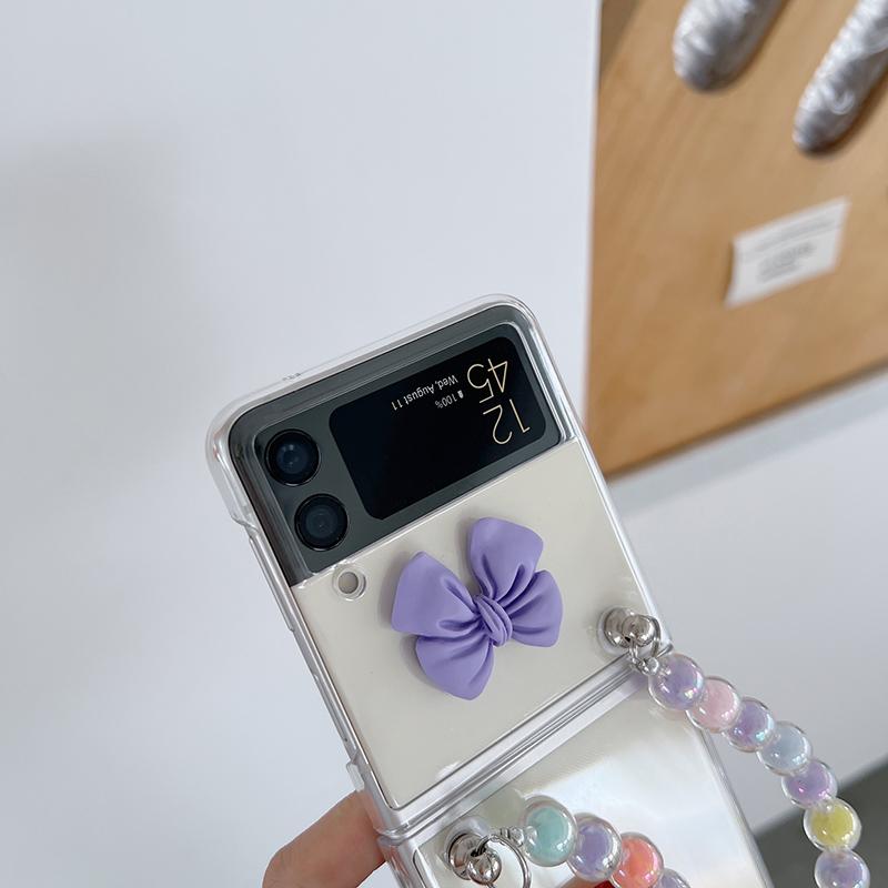 Mode Perlen Armband Kette 3d Bogen-Knoten Telefon Fall Für Samsung Galaxy Zflip Zflip3 5g Zflip4 Hand Strap Klar Hard Cover Fundas