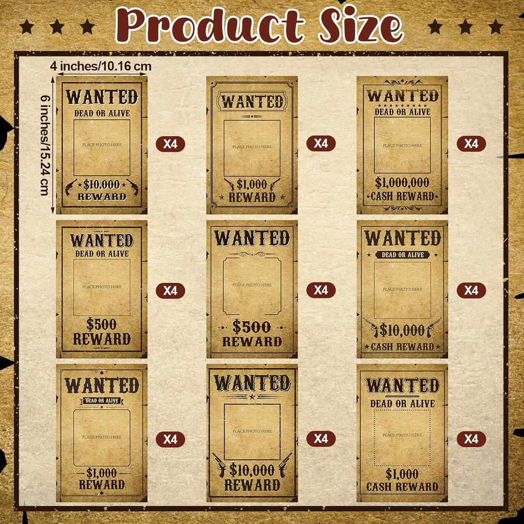 Gueevin 36 Pcs Western Wanted Photo Cutout Signs Cowboy Cowgirl Wanted Picture Cut Outs for Birthday Halloween Western Themed Party Supplies
