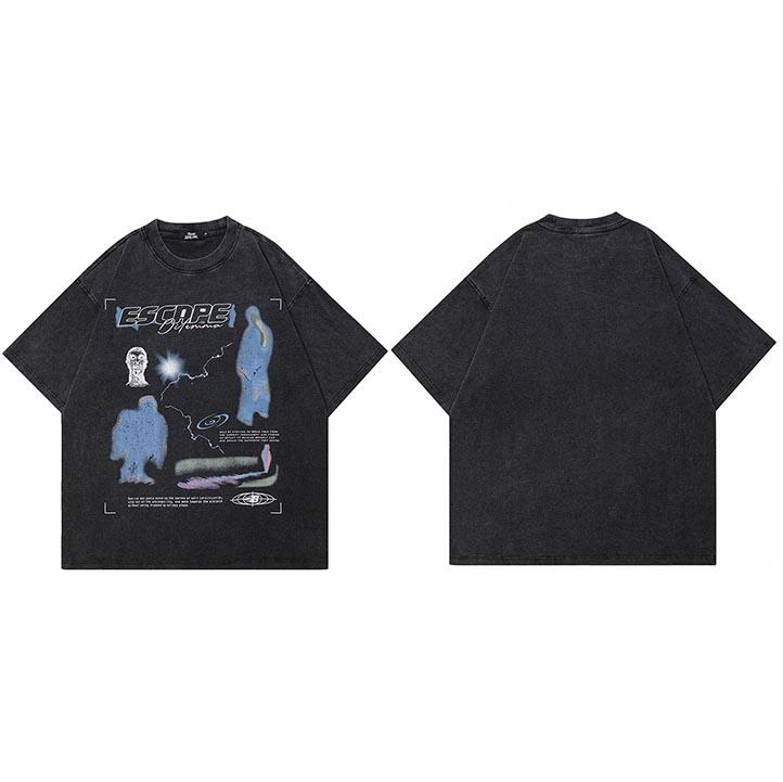 

Hip Hop Washed Black TShirt Streetwear Vintage Graphic Escape T Shirt Cotton Hipster Unisex Tshirt Men Tops Tees YK Dope S