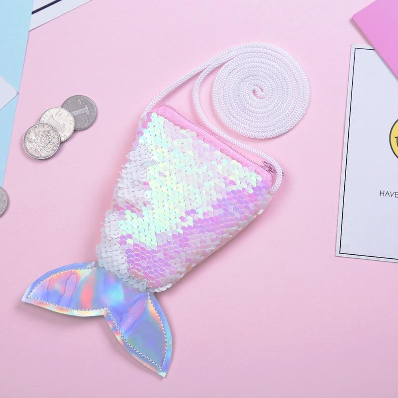 Fashion Mermaid Tail Sequins Coin Purse Girls Crossbody Bags Sling Money Change Card Holder Wallet Purse Bag Pouch for Kids Gift