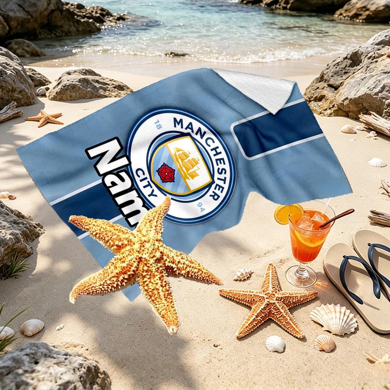 Custom Name Personalized Manchester City FC Print Beach Towel, for Trip Camping Beach Party Home Decor, Birthday Gift for Family & Friends