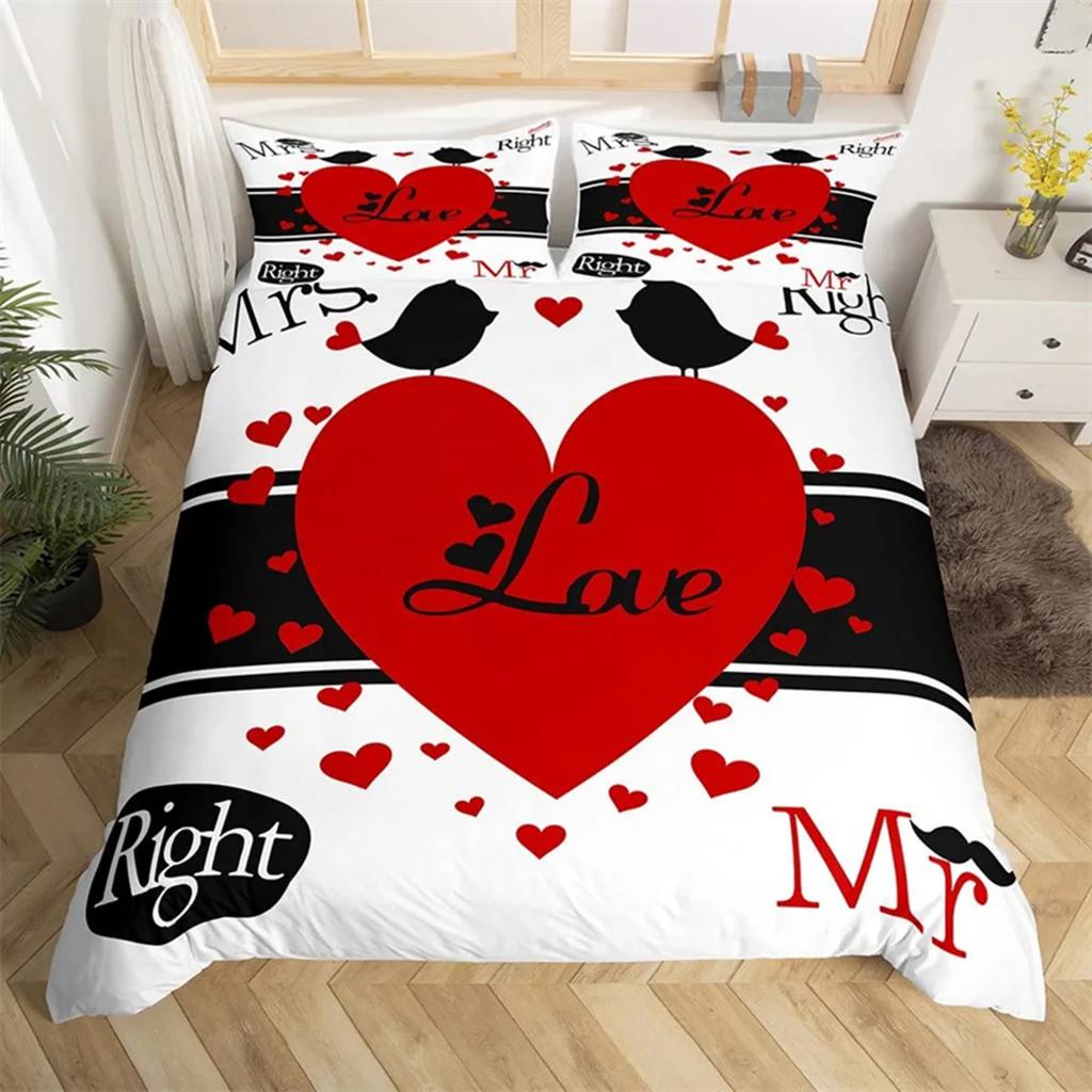 Couple Romantic Wedding Mr And Mrs Duvet Cover Microfiber Funny Quotes Love Heart Happiness Love Birds For Valentine'S Day Adult