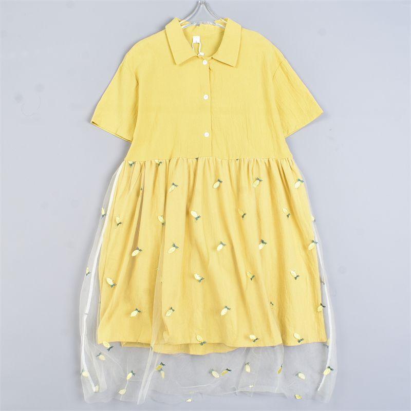 

Korean Style Embroidered Mesh Patchwork Cotton Short sleeve Dress 4.29 L82346 Loose Slimming High Waist Sweet Midi Skirt 1 Yellow S