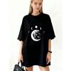 Vestido T-shirt Oversized Estampado Lua e Dragão Preto Para Uso Casual