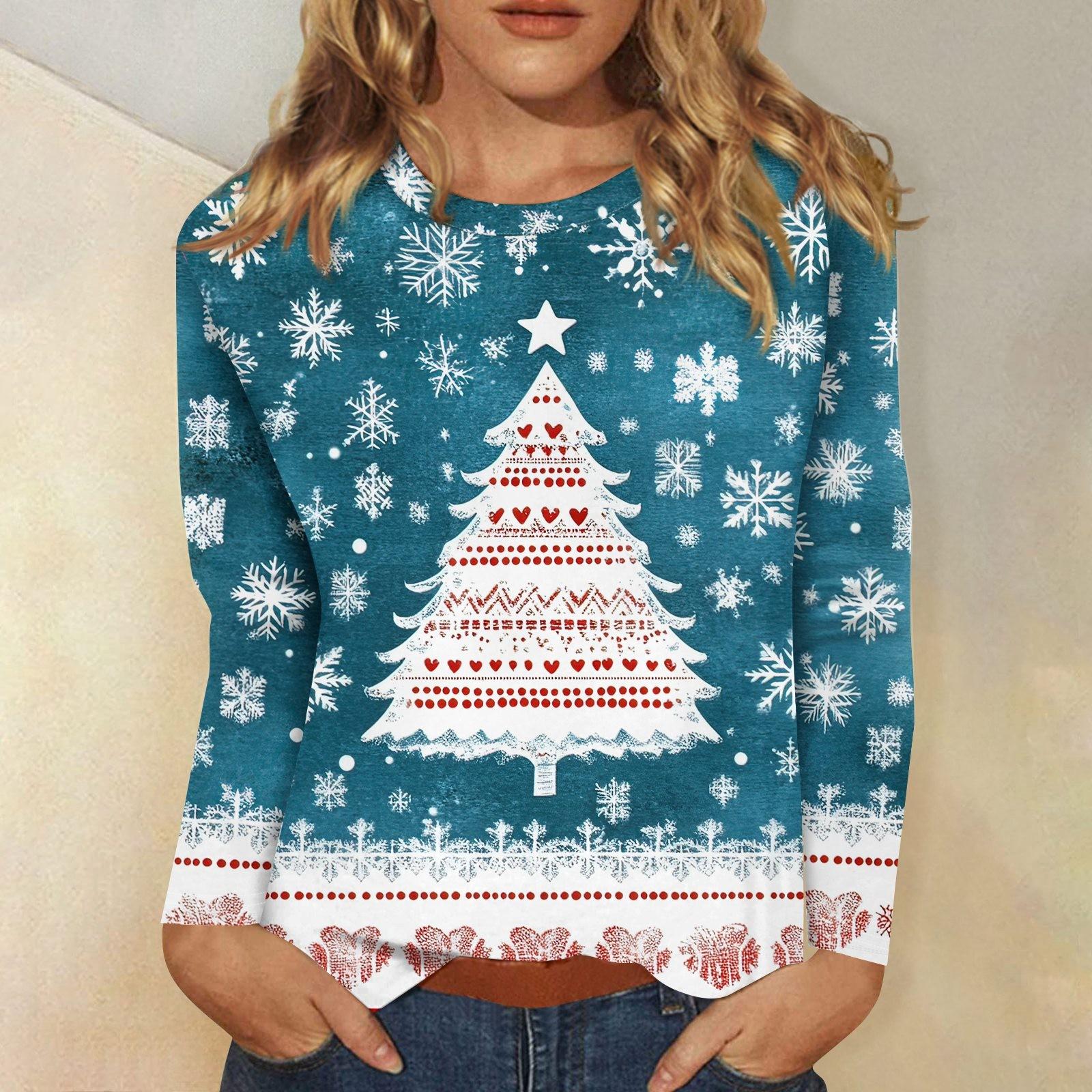 

Женская мода повседневный рождественский принт круглый вырез длинный рукав пуловер топ XXXL синий