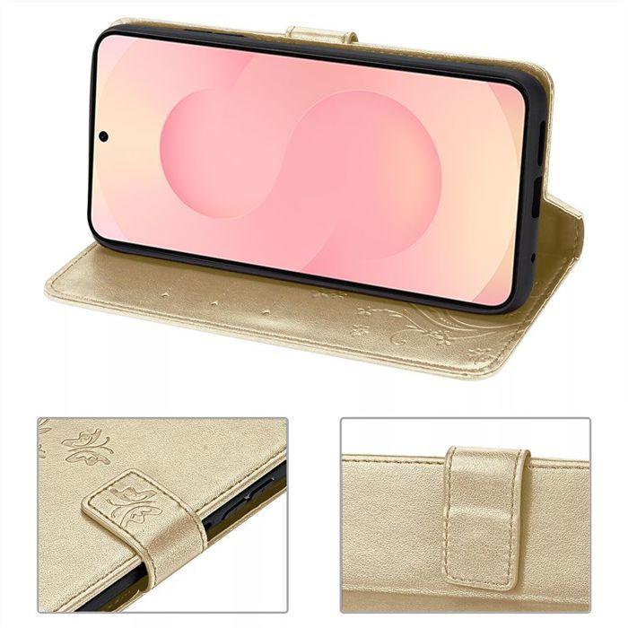 Coque de Protection - BOOLING - pour Samsung Galaxy S25 FE - Antichoc Synthécuir Doré Motif Papillon