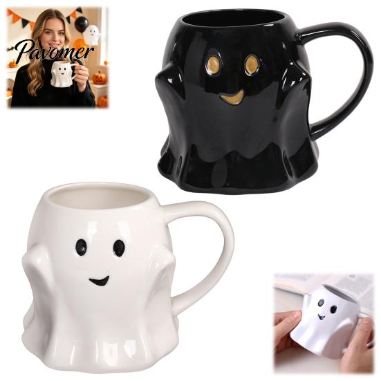Ergonomic Handle Water Mug Halloween Ghost Ceramic Cup, Cute 3D Smiling Face Novelty Birthday Present Coffee Mug, Decorative Drinkware for Hot