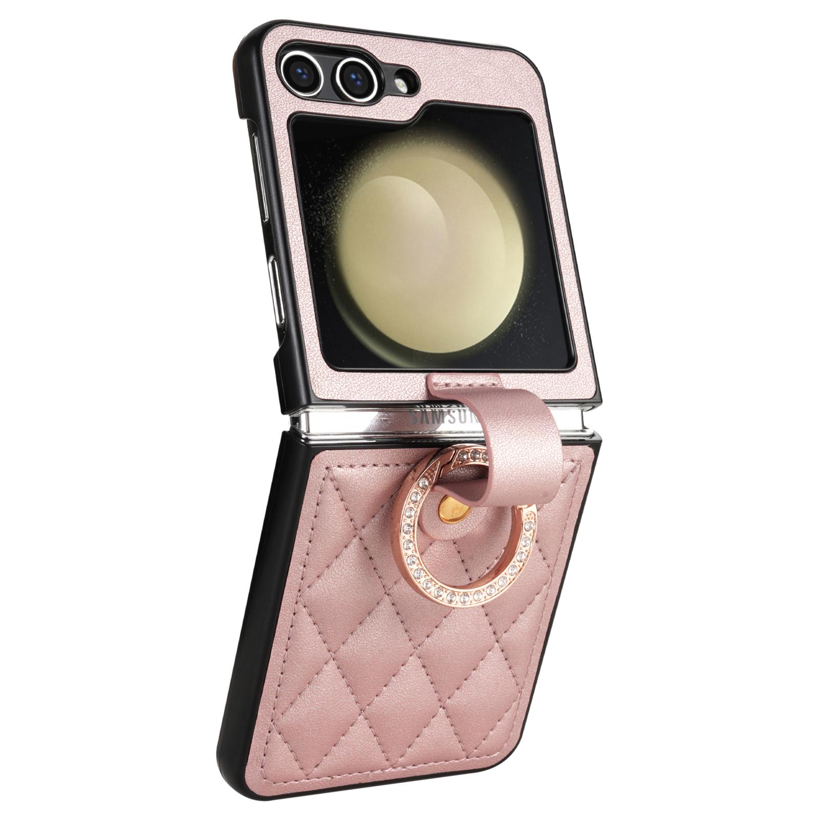 

CSJ-P2 Для Samsung Galaxy Z Flip7 FE 5G/Z Flip6 5G/Z Flip5 5G Чехол Сшитая кожа Чехол для телефона Кольцо-подставка Rose Gold