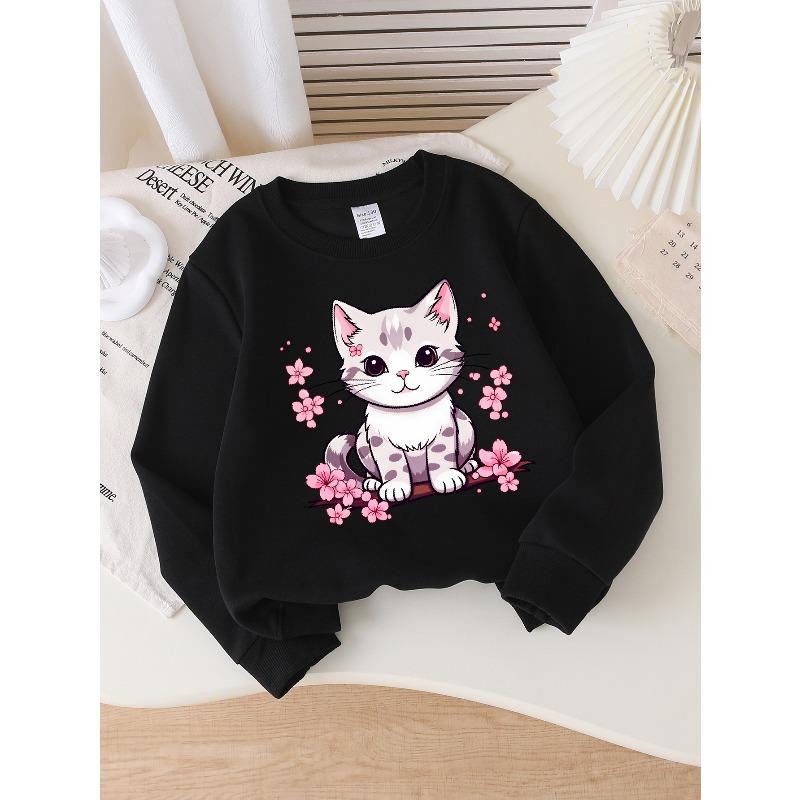 European Sizes Girls Soft Crewneck Sweatshirt Cute Kitten with Cherry Blossoms Print, Casual All-Match, Ideal Holiday Present