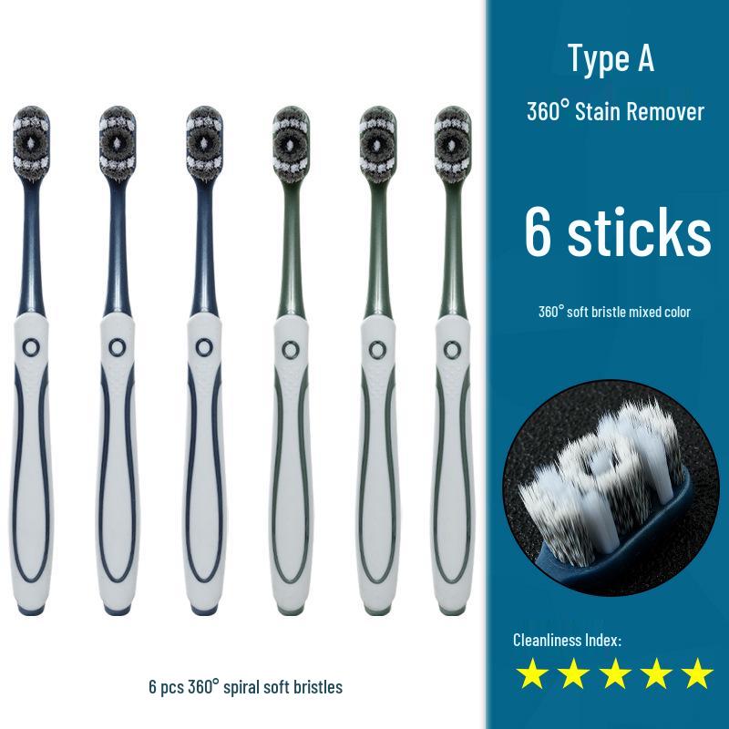 360° Medium-Hard Bristle Toothbrush for Effective Stain Removal - Spiral Filament, Soft Bristle, Adult Size
