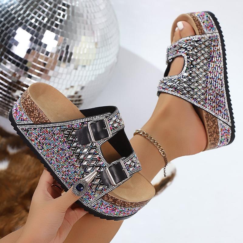 Women S Rhinestone Beach Slides Double Buckle Thick Sole Soft Cork Summer