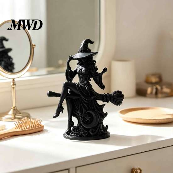 Creative Fantasy Room Accents Gothic Witch On Broom Statue, 3D Printed Spooky Tabletop Figurine for Decoration Home Party, Black Halloween Desk Decor