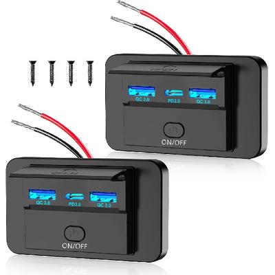 2PCS 3 Ports 12V RV USB Outlet 72W, Gibbab Dual USB QC3.0 36W & PD3.0 Type-C Quick Charge 36W Panel Wall Mount, Automotive Car USB Socket Charger
