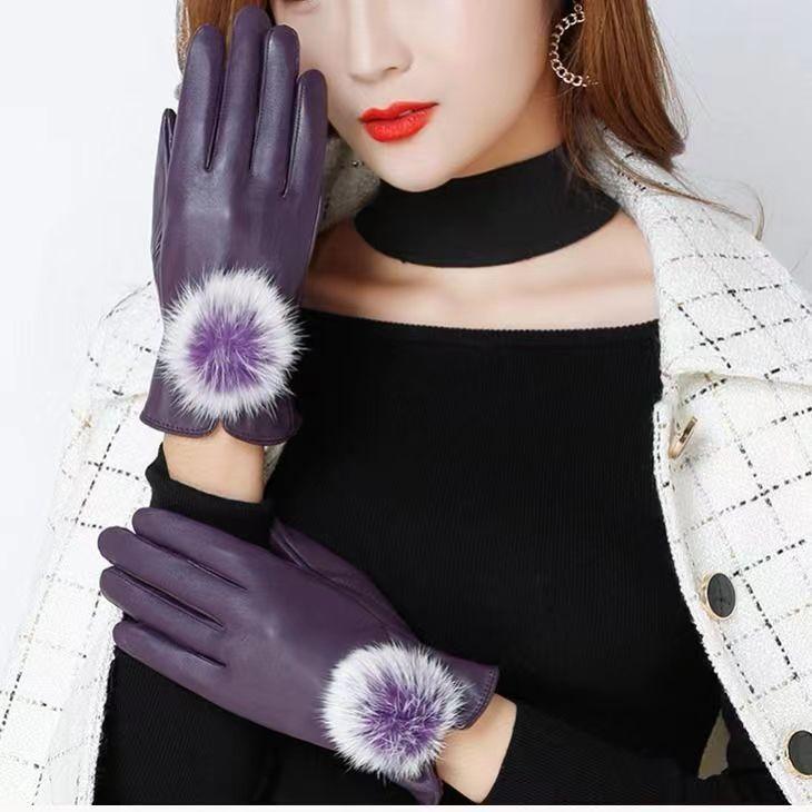 Winter Damen Schaffell Wärme Handschuhe Plus Samt Kurz Dünn Bildschirm Autofahren Weiblich Farbe Lederhandschuhe