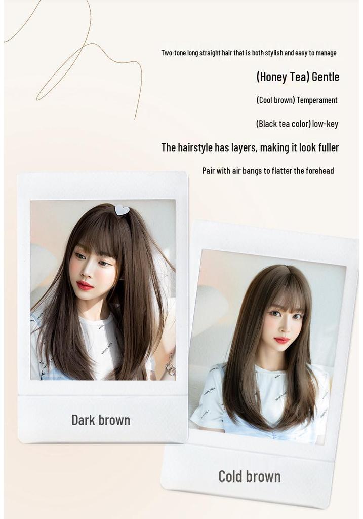 Women's Long Straight Wig with Air Bangs - Age-Reducing Fluffy Hairpiece
