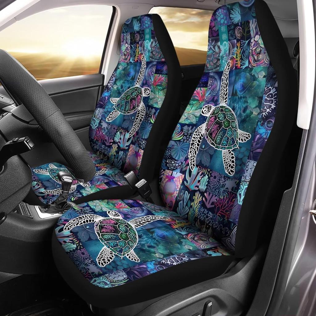 Bulopur Multicolor Polyester Universal Fit Car Truck SUV Van Automotive Seat Covers, 2pcs Front, Hibiscus Floral & Sea Turtle Print