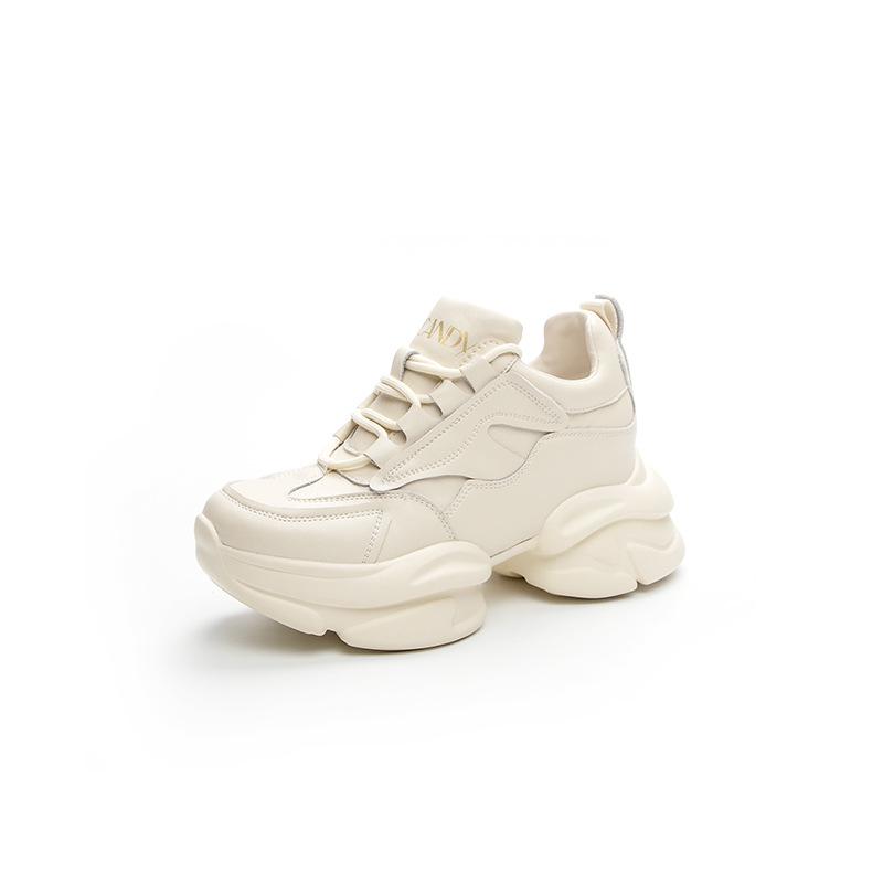 Spring 2024 Women's Trendy Soft Leather Daddy Sneakers with Thick Sole and Height Boost