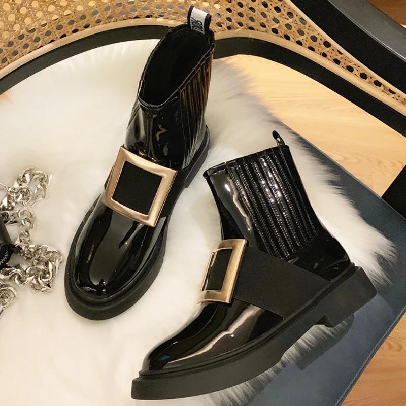 Lackleder Chelsea Boots Damen Markenschuhe Winter Marke Metallschnalle Botas Femme Stretch Reitstiefel Damenschuhe Botas