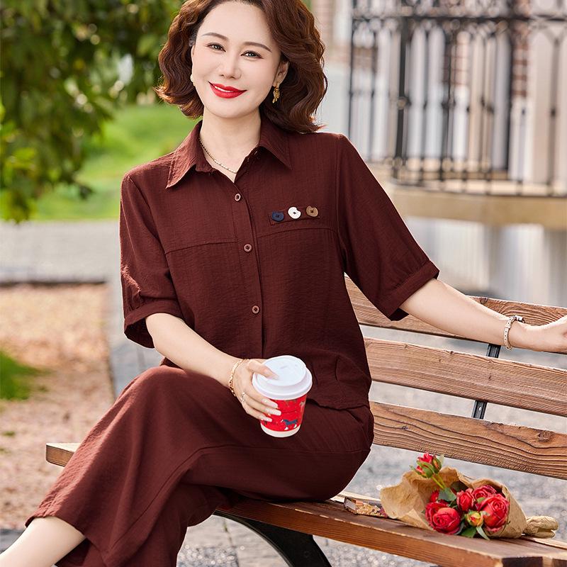 2026 Mom's Summer Fashion: Short-Sleeved Shirt & Wide-Leg Pants Set for Middle-Aged and Elderly Women