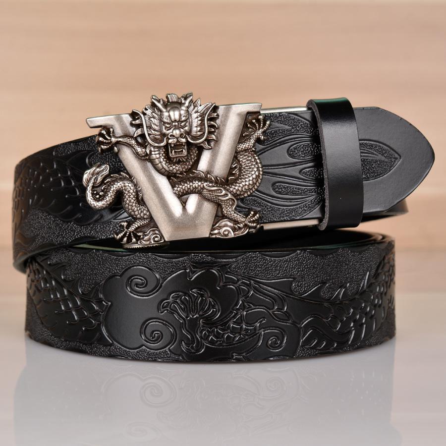 Dragon Embossed Automatic Buckle Men's Belt - Cowhide Casual Jean Accessory