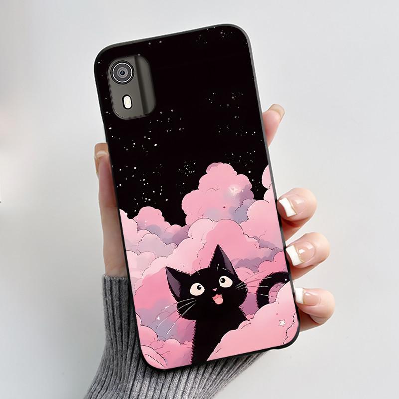 For Nokia C02 Phone Case Cute Funny Love Rabbit Animal Black Matte Soft TPU Protective Back Cover for Nokia C2 2nd Edition Case